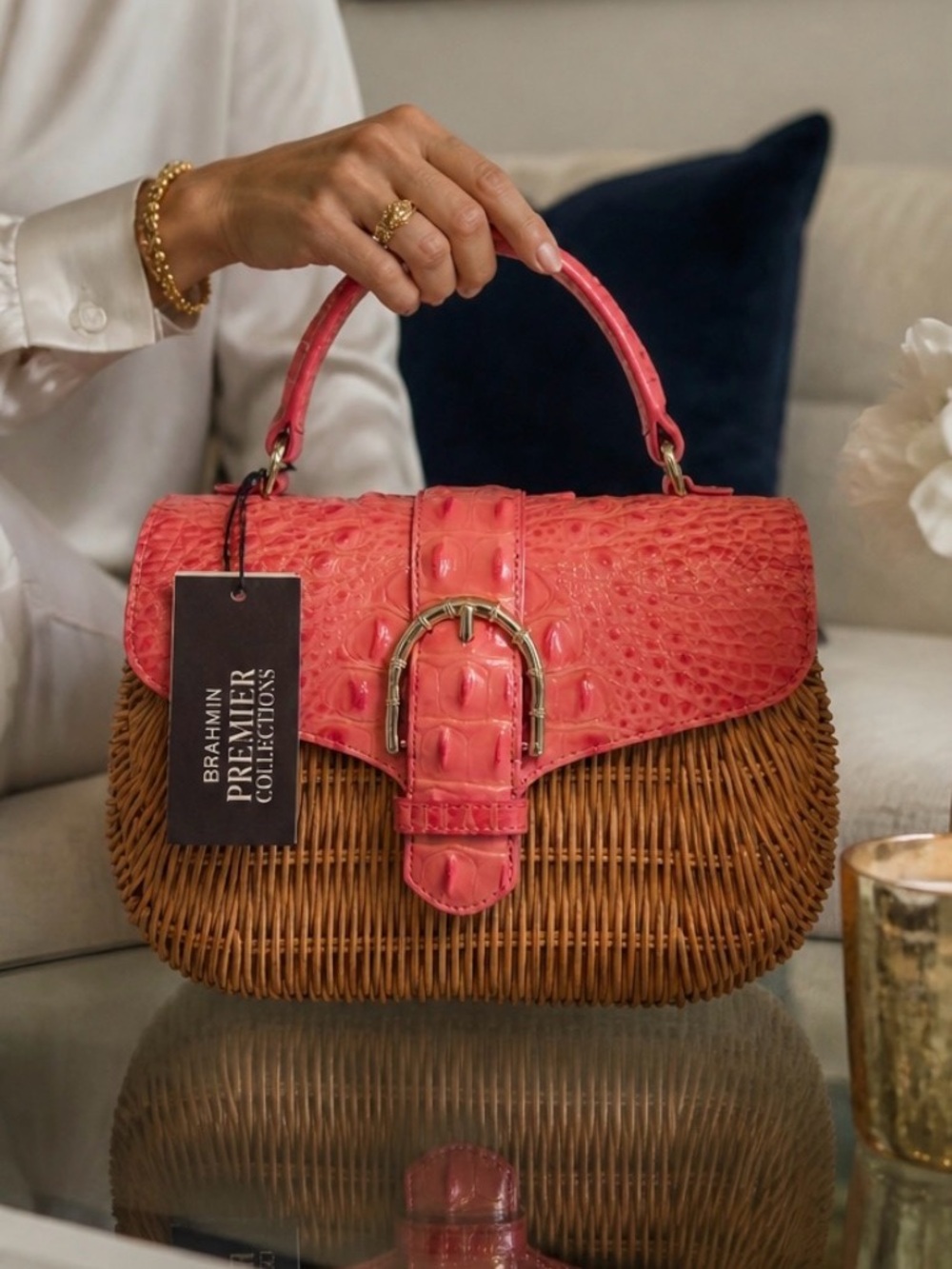 Brahmin Maisie Coral Snapdragon Hanalei Wicker Satchel NWT